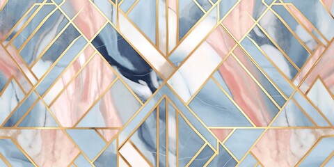 Abstract art deco background, minimalist geometric pattern, modern mosaic inlay, texture of bright multicolored marble agate and gold, stone, marbled tile, minimal. Generative AI, AI