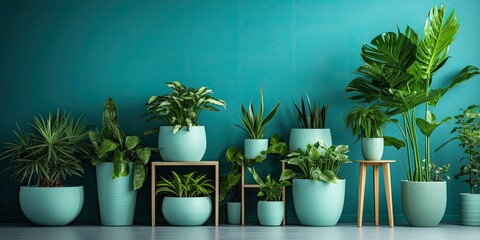 Beautiful juicy green lush indoor plants in the interior of the room against the background of the...