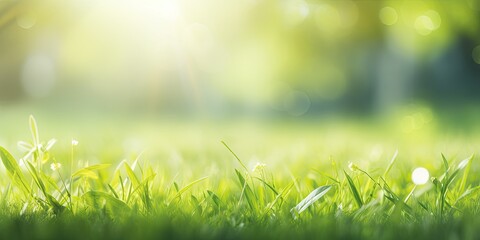 Obraz premium Fresh juicy young grass in nature in the rays of sunlight with a beautiful sparkling bokeh and ladybug on a green leaf macro. Summer spring background
