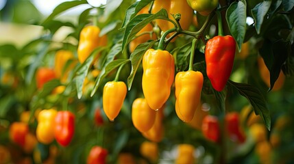 Growing sweet peppers in a greenhouse close-up. Fresh juicy red green and yellow peppers on the branches close-up - obrazy, fototapety, plakaty