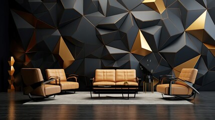 Interior with a beautiful black wall with 3D abstract pattern of polygons and furniture with golden fittings