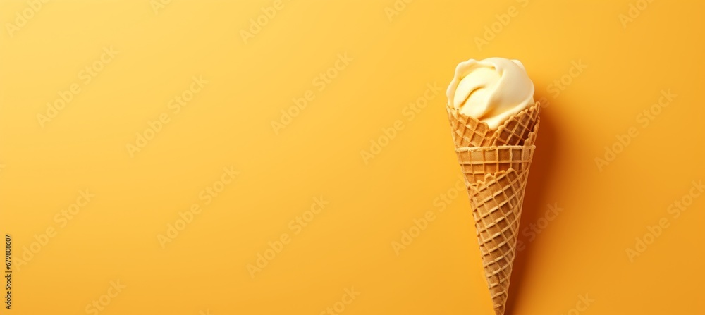 Poster vanilla milk ice cream cone on pastel background with text space and a touch of summer joy