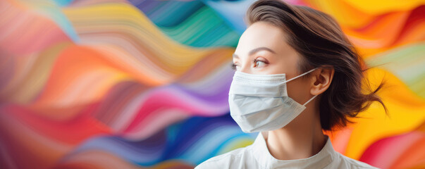 Woman wearing surgical disposable and fabric breathing mask over bright color background