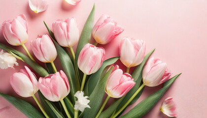 Bouquet of tulips on the pink background