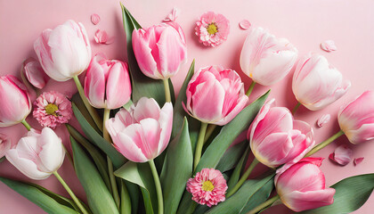 Bouquet of  tulips on the pink background. 