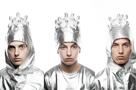 Set of people in tin foil hat isolated on white background