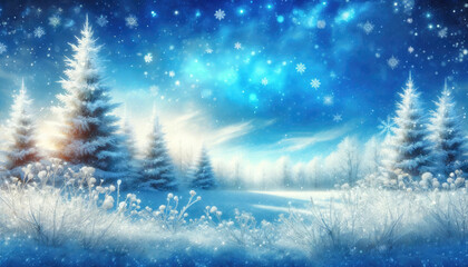  Winter landscape background with snowy trees. Generative ai.