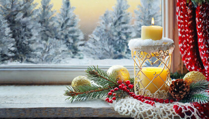 Beautiful Christmas candle and decorations. New year.