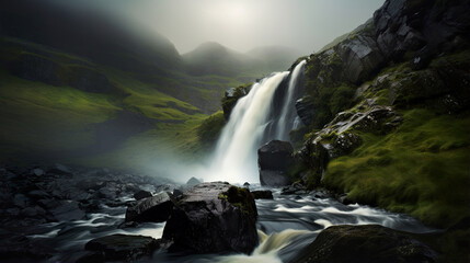 Misty Waterfall in the Forest. Generative Ai