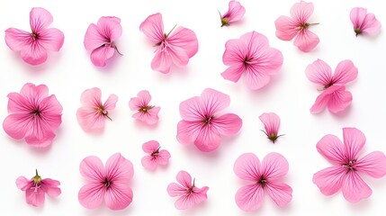 Fototapeta na wymiar Set of pink flowers and geranium petals. Floral isolated design element, top view flat lay