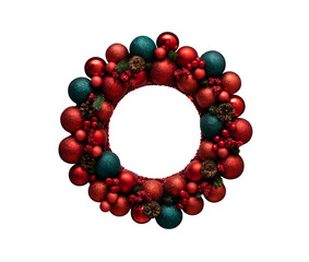 Christmas wreath  with berries, balls and cones isolated on a transparent background. Beautiful New Year wreath with red and green festive decor.