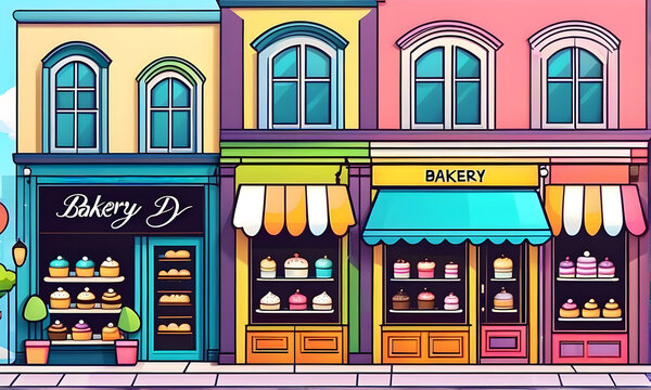 The exterior view of the bakery painted with cute paintings and colorful colors. Generative AI