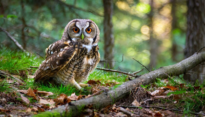 Owl on the autumn forest  floor in the rain.