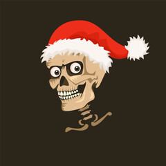 Skull in Santa Claus hat. Scary christmas vector illustration.
