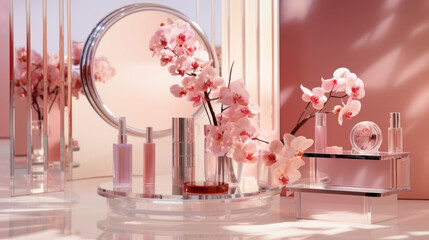 An array of makeup and skincare products artfully displayed with orchid flowers