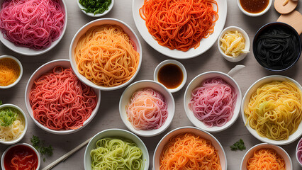 Illustration of Colourful noodles kept in bowls on a grey table | ai image