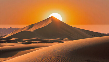 Fototapeta na wymiar Sand dunes in the Desert on sunset huge orange sun over horizon. 