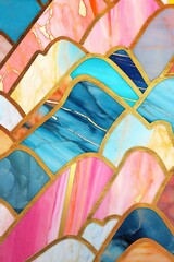 Abstract art deco background, minimalist geometric pattern, modern mosaic inlay, texture of bright multicolored marble agate and gold, stone, marbled tile, minimal. Generative AI, AI