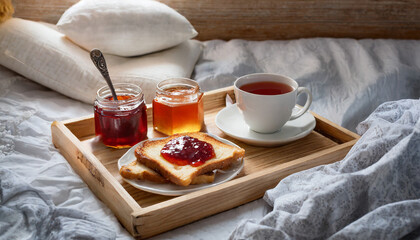 Breakfast with tea and toasts with jam in the bed. 