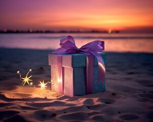 The last light of sunset bathes a sandy beach, highlighting a gift with a purple bow amidst serene surroundings