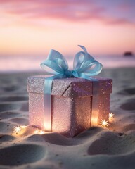 As the day ends, a gift box with a blue ribbon is nestled in the beach sand, offering a view of the calm ocean - obrazy, fototapety, plakaty