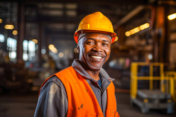 Portrait of African American steel worker adorned in safety gear, factory steel plant in the background