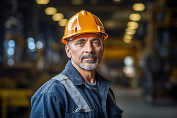Portrait of hispanic steel worker adorned in safety gear, factory steel plant in the background