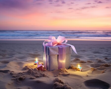 Twilight enhances the mood as a glittering gift box with a pink bow adorns the sandy beach landscape