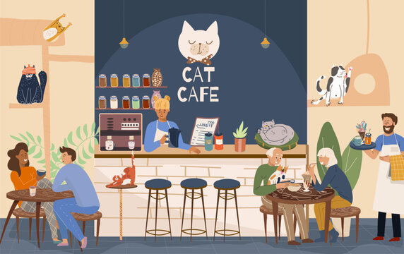 Vector illustration, cartoon cat cafe characters, animal friendly cat, small business graphic, customer and barista. Modern flat vector. 
People eat and talk together with a dog and a cat in a cafe. 