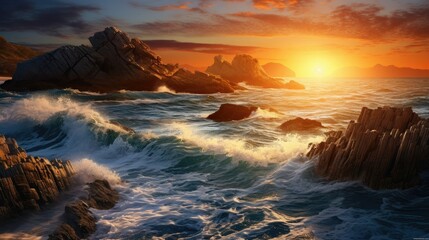 Very beautiful mediterranean seascape with setting sun on sunset. Waves crash on rocks in nature.