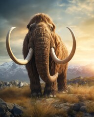 a mammoth with tusks standing in a field - obrazy, fototapety, plakaty