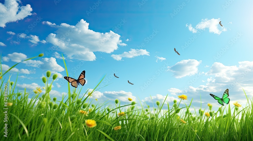 Wall mural young green juicy grass and fluttering butterflies in nature against blue spring sky with white clou