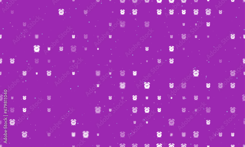 Poster seamless background pattern of evenly spaced white alarm clock symbols of different sizes and opacit