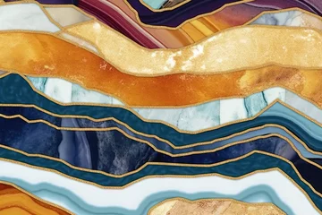Schilderijen op glas Abstract art deco background, minimalist geometric pattern, modern mosaic inlay, texture of bright multicolored marble agate and gold, stone, marbled tile, minimal. Generative AI, AI © Merilno