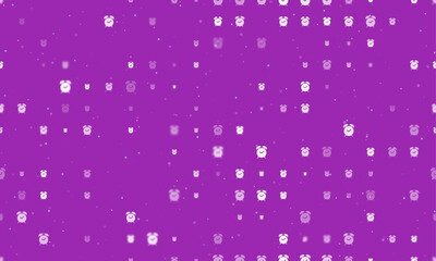 Seamless background pattern of evenly spaced white alarm clock symbols of different sizes and opacity. Vector illustration on purple background with stars