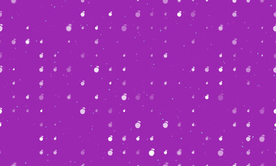 Seamless background pattern of evenly spaced white apple symbols of different sizes and opacity. Vector illustration on purple background with stars