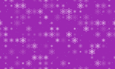 Seamless background pattern of evenly spaced white atomic symbols of different sizes and opacity. Vector illustration on purple background with stars