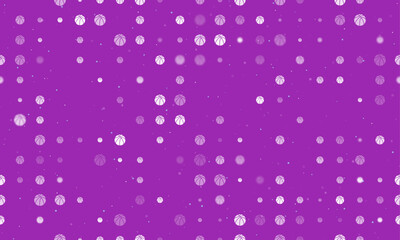 Seamless background pattern of evenly spaced white basketball symbols of different sizes and opacity. Vector illustration on purple background with stars