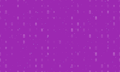 Seamless background pattern of evenly spaced white battery symbols of different sizes and opacity. Vector illustration on purple background with stars