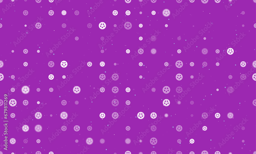 Poster seamless background pattern of evenly spaced white car wheel symbols of different sizes and opacity.