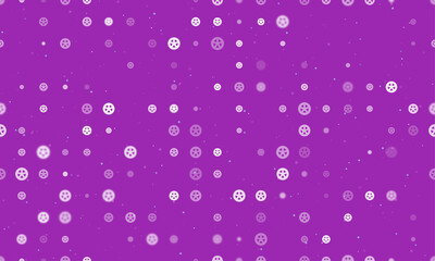 Seamless background pattern of evenly spaced white car wheel symbols of different sizes and opacity. Vector illustration on purple background with stars