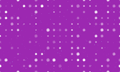 Seamless background pattern of evenly spaced white chamomile flowers of different sizes and opacity. Vector illustration on purple background with stars