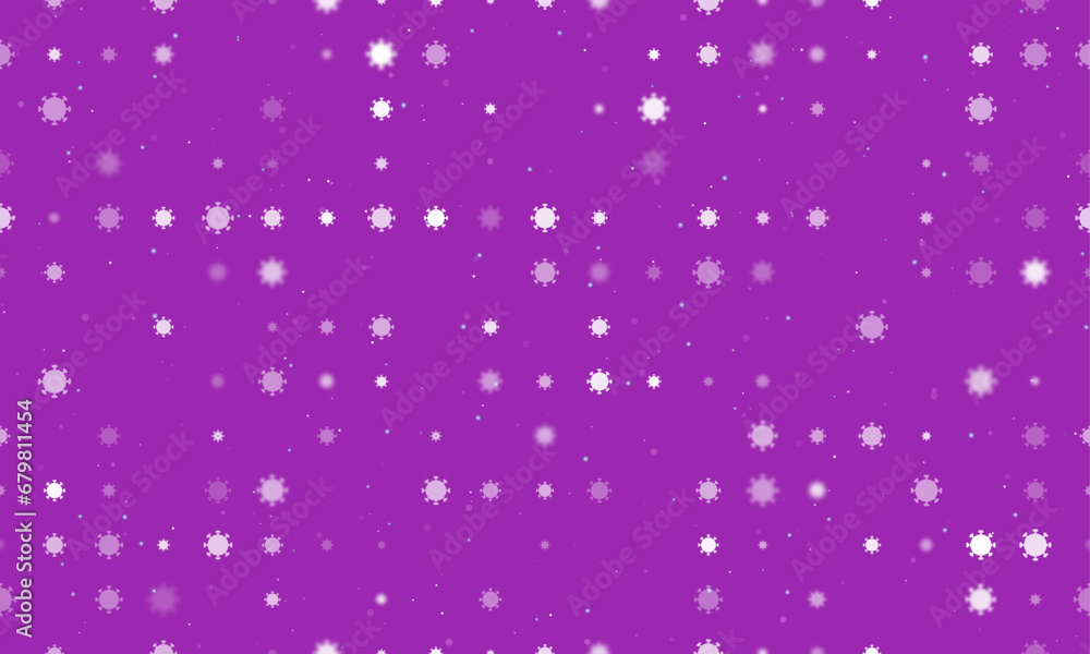Poster seamless background pattern of evenly spaced white coronavirus symbols of different sizes and opacit