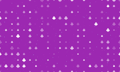 Seamless background pattern of evenly spaced white clubs of different sizes and opacity. Vector illustration on purple background with stars