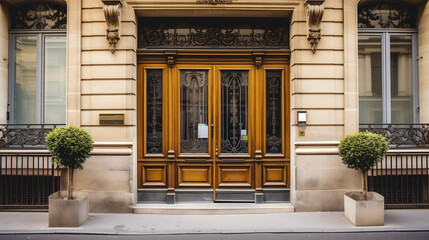 Une entrée élégante d'un immeuble parisien avec des portes en bois. - obrazy, fototapety, plakaty