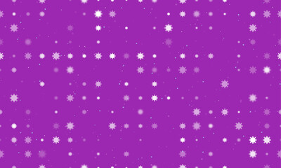 Seamless background pattern of evenly spaced white coronavirus symbols of different sizes and opacity. Vector illustration on purple background with stars