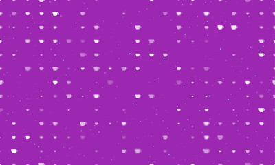 Seamless background pattern of evenly spaced white coffee cup symbols of different sizes and opacity. Vector illustration on purple background with stars