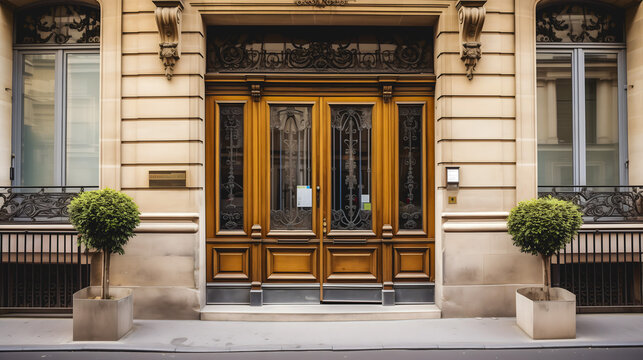 Une entr&eacute;e &eacute;l&eacute;gante d'un immeuble parisien avec des portes en bois.