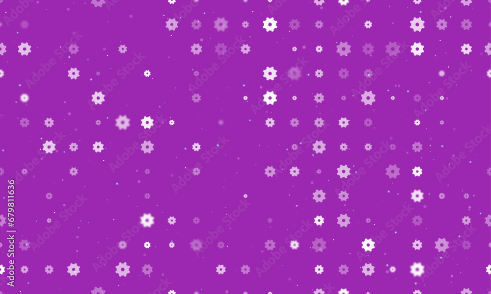 Poster seamless background pattern of evenly spaced white gear symbols of different sizes and opacity. vect