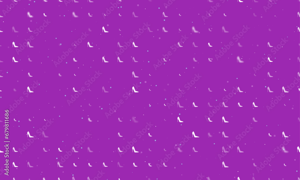 Poster seamless background pattern of evenly spaced white high heel shoe symbols of different sizes and opa
